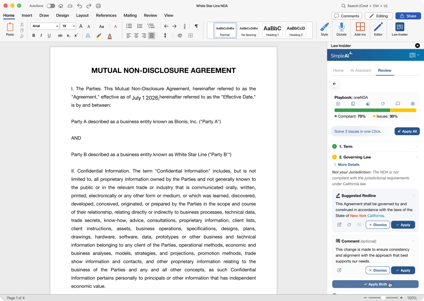 A Word document with the SimpleAI review pane and suggested redlines